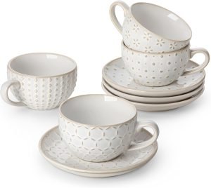 MALACASA 8 OZ Cappuccino Cups with Saucers Set of 4