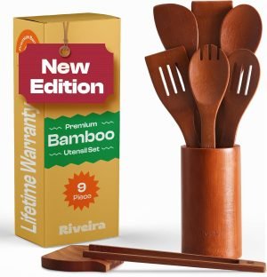 9-Piece Riveira Premium Brown Bamboo Wooden Spoons