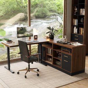 67″ Standing Desk with 2 File Cabinets, AC/USB, 1.18″ Desktop, L Shaped Height Adjustable Electric Stand Up Desk