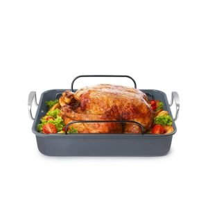 BLACK+DECKER Large Turkey Roasting Pan with Rack, 0.8mm Carbon Steel Baking Pan with Ceramic Non-Stick Coating, Cooking Pan for up to 16 lb. Turkey, U-Shaped Rack Included, Stainless Steel Handles