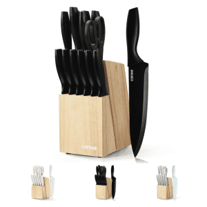 Carote 15-Piece Premium Kitchen Knife Set, Black Ceramic-Coated Blades with Stylish Wooden Block