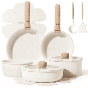 Carote 15 Pcs Nonstick Cookware Sets, Granite Non Stick Pots and Pans with Removable Handles, Oven Safe, Induction Compatible, Cream White