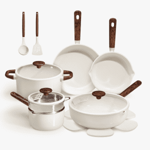 Carote 15-Piece Ceramic Cookware Set, Nonstick Pots and Pans with Steamer, White