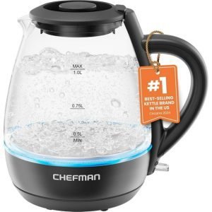 Chefman 1L Electric Glass Kettle w/ LED Indicator Light, Automatic Shutoff – Black