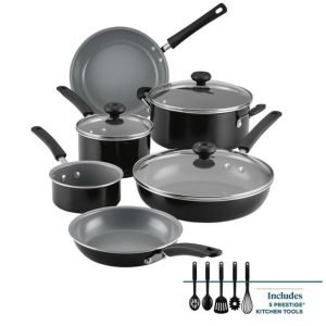 Farberware Easy Clean Pro 14 Pcs Ceramic Nonstick Cookware Set with Cooking Tools, Dishwasher Safe, Black