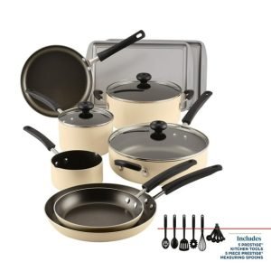 Farberware Easy Clean 22 Pcs Nonstick Cookware Set Includes Baking Pans and Cooking Tools, Dishwasher Safe, Almond Cream