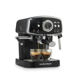 Hamilton Beach 15-Bar, 2 Cup Espresso Machine, Slide & Lock Espresso Maker with Milk Frother, Black & Chrome
