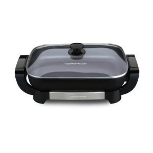 Hamilton Beach Electric Skillet with Lid, 12″ x 15″ Ceramic Cooking Surface, Reversible Pan, Grey