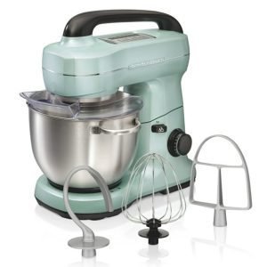 Hamilton Beach 4 Quart Stand Mixer for Kitchen, 7 Speeds, Tilt-Head, Dough Hook, Whisk & Flat Beater, Aqua