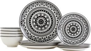 Tabletops Unlimited Black Pad Print 12 Pc. Dinnerware Set, Service for 4