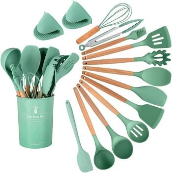 15-Piece Silicone Wooden Handle Kitchen Utensils Set
