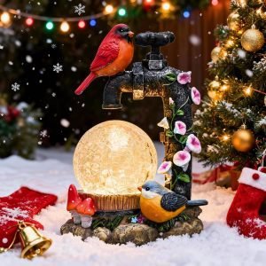 Cute Cardinal and Faucet and Solar Light Glass Ball