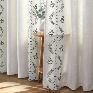 Embroidered Curtains 2 Panel Set Vintage Floral Linen Drapes