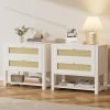 White Night Stand with 2 Rattan Drawers & Open Storage Shelf 