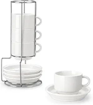 Cups with Saucers and Metal Stand Set of 4