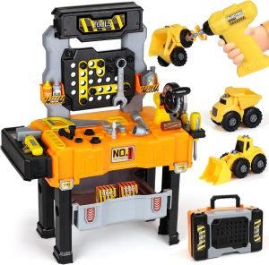 Kids Tool Bench with Electric Drill and Construction Vehicles