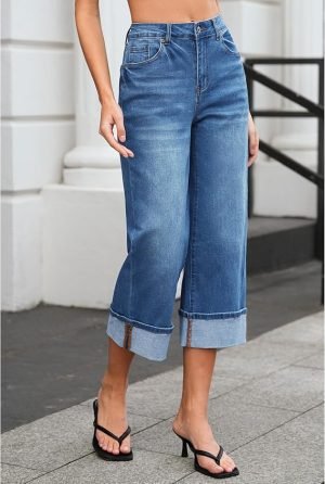 Wide Leg High Waisted Capris Jeans for Women