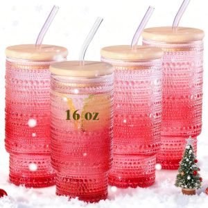 4pcs Glass Cups with Lids and Straws