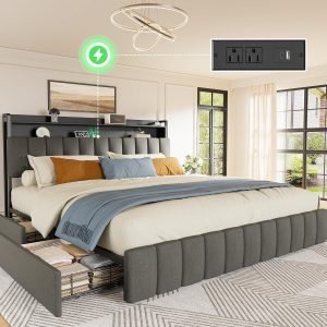 Bed Frame with Upholstered Headboard & Charging Station