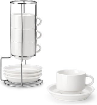 2.5 oz Porcelain Espresso Cups with Saucers & Metal Stand Set