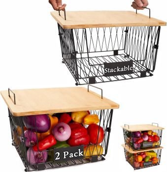 2 Pack Stackable Wire Storage Baskets with Wood Lid