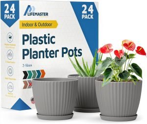 Gray 6-Inch Plant Pots with Drainage & Saucers – 24 Pack