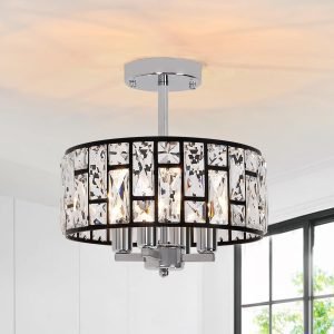 Black and Chrome Crystal Ceiling Light Fixture 