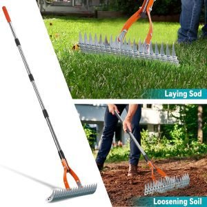 Heavy Duty Metal Dethatcher Rake with 5FT Handle