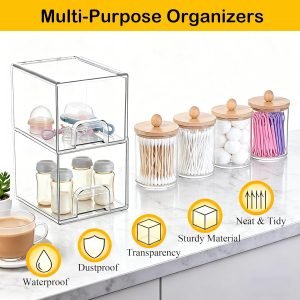 Clear Stackable Storage Drawers Holder Dispenser with Bamboo Lids