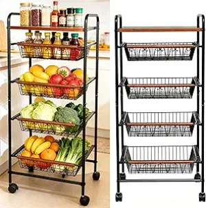 Rolling Storage Cart with Wire Tiered Fruit Basket