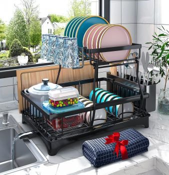 2-Tier Dish Rack with Auto-Drain & Mat
