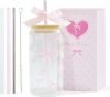 Pink Bow Daisy Glass Cup with Lids