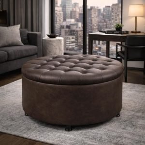 Round Pintucked Storage Ottoman with Lift-Off Lid