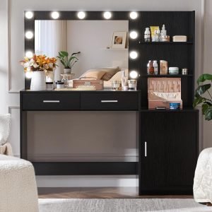 Vanity Desk with Lamp Bulb Mirror Drawers