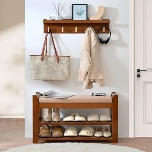 2-Piece  Bamboo Wood Entryway Shoe Storage Bench and Coat Rack Set