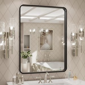 24×32 Inch Black Metal Framed Bathroom Mirror 