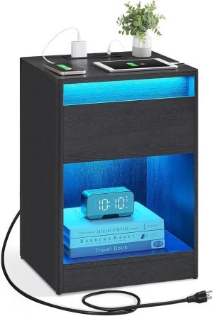 VASAGLE LED Nightstand with Charging Station 