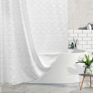 White Woven Fabric Shower Curtain 