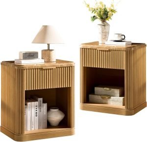 Fluted Nightstand Set of 2 with Charging Station