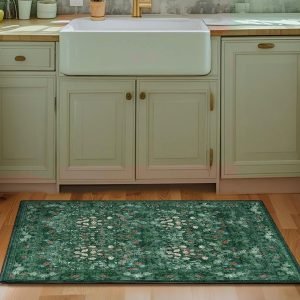 Green Cottagecore Washable Floral Rugs