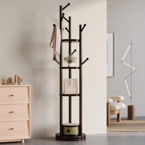  9-Hook Rotating Solid Wood Coat Rack Freestanding 3 Shelves
