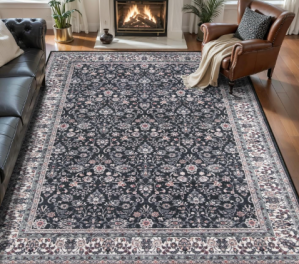 4×6 Black Floral Washable Area Rug 