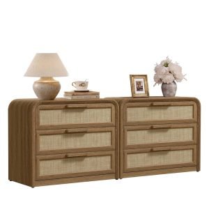 Wide Large Rattan Nightstand Set