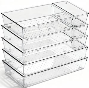 8-Pack Clear Plastic Drawer Organizer Bins
