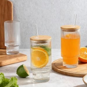 4-Pack Glass Cups with Lids & Straws