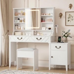 Vanity Desk with Sliding Mirror and Lights