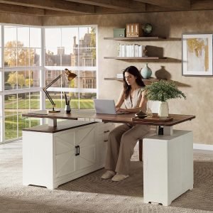 Farmhouse L-Shaped Standing Desk with Outlets & Drawers