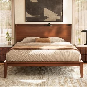Wood Queen Bed Frame with Charging Station & Headboard