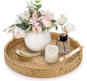 Handwoven Rattan Serving Tray with Wooden Handles
