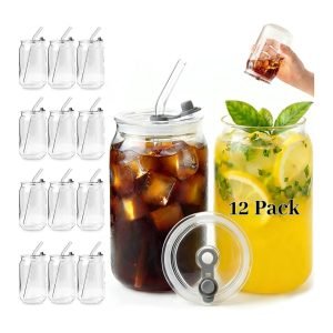 12pcs Leakproof Glass Cups with Plastic Lids and Straws